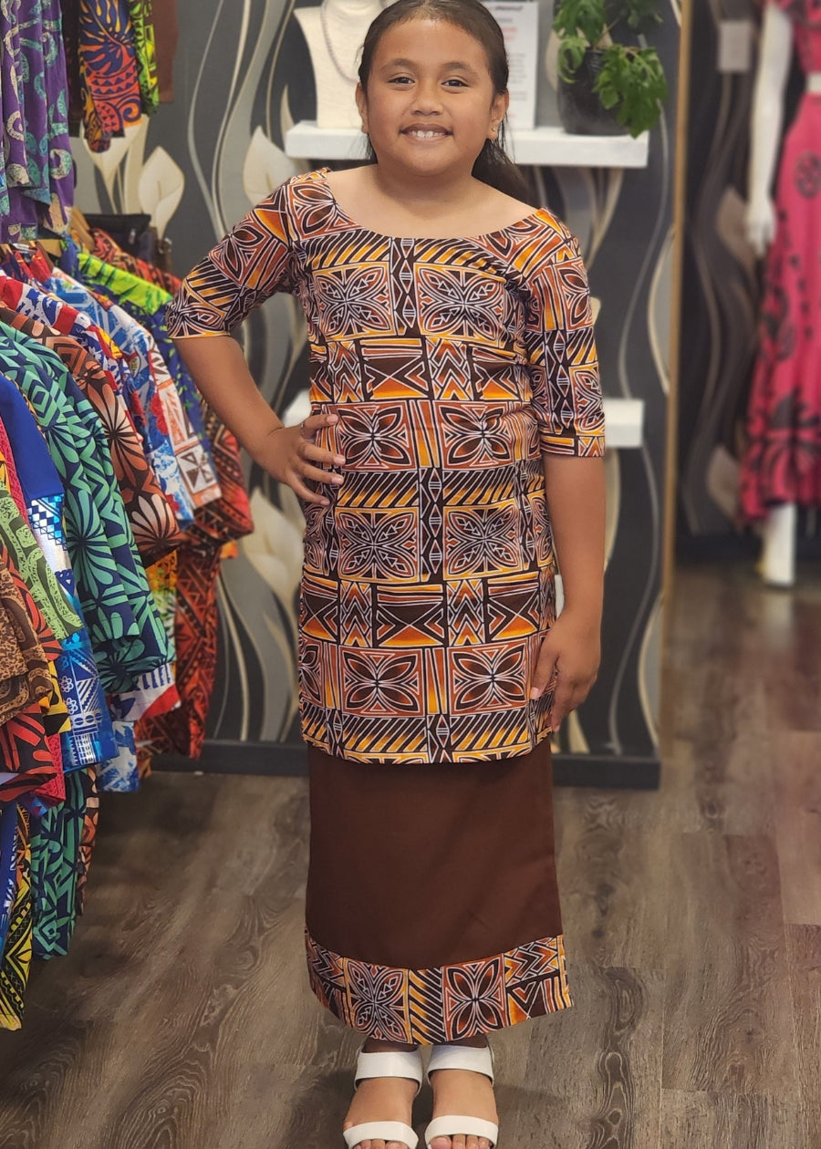Girl's Blue Puletasi - Brown