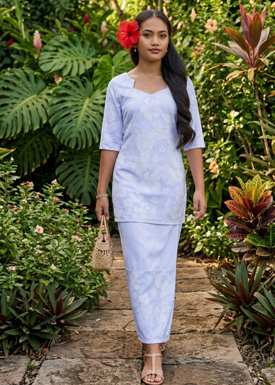 Rosette White Puletasi/Sulu Jaba/Top & Skirt