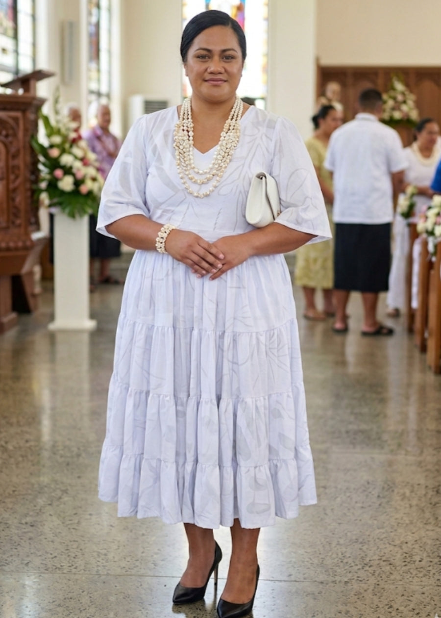 Tina Handprinted White Layered Dress