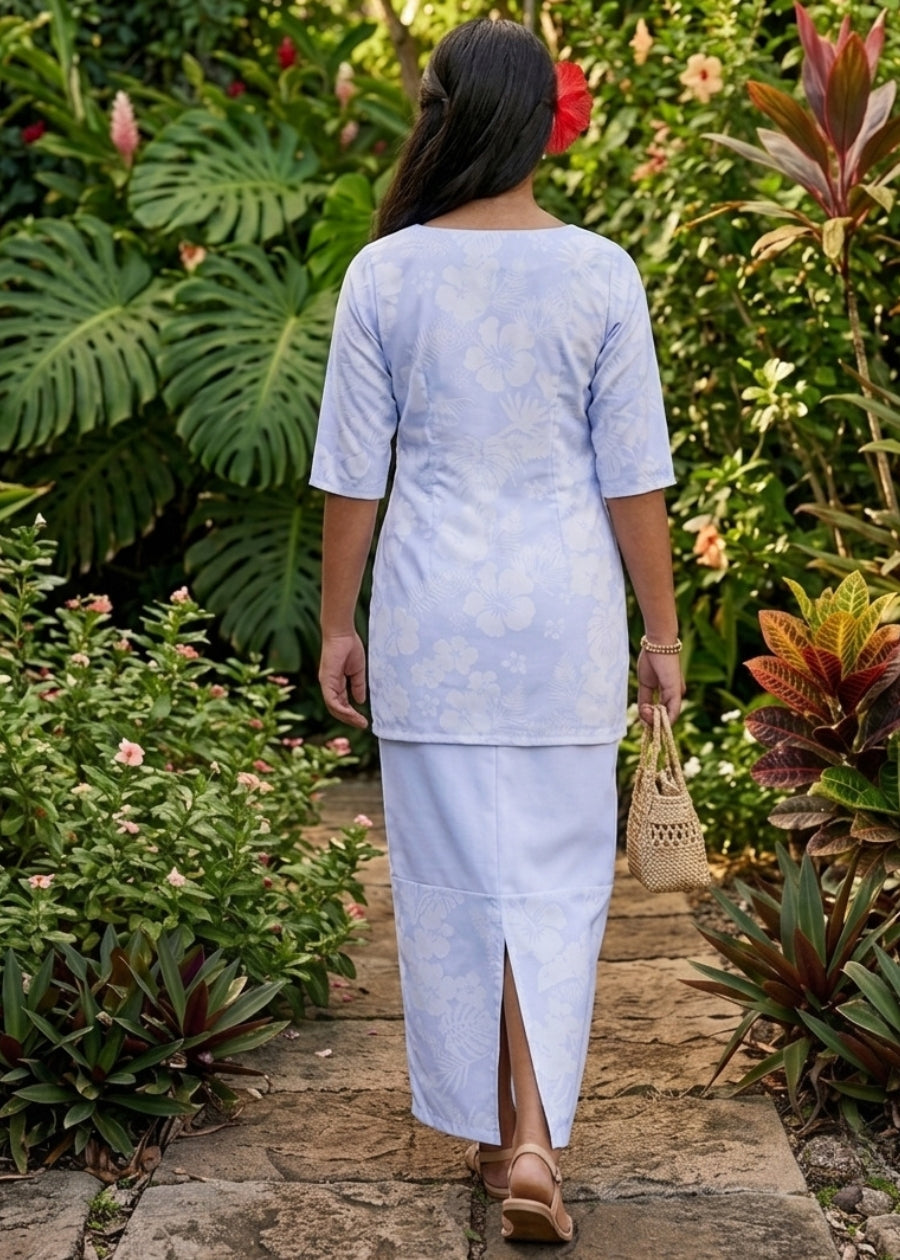 Rosette White Puletasi/Sulu Jaba/Top & Skirt