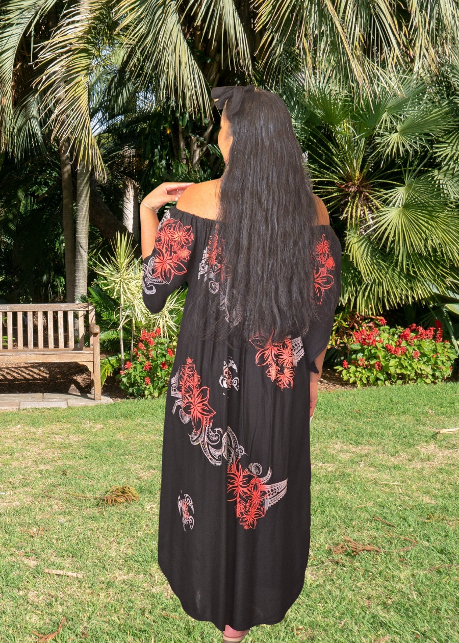 Coral Handprinted Kaftan Dress