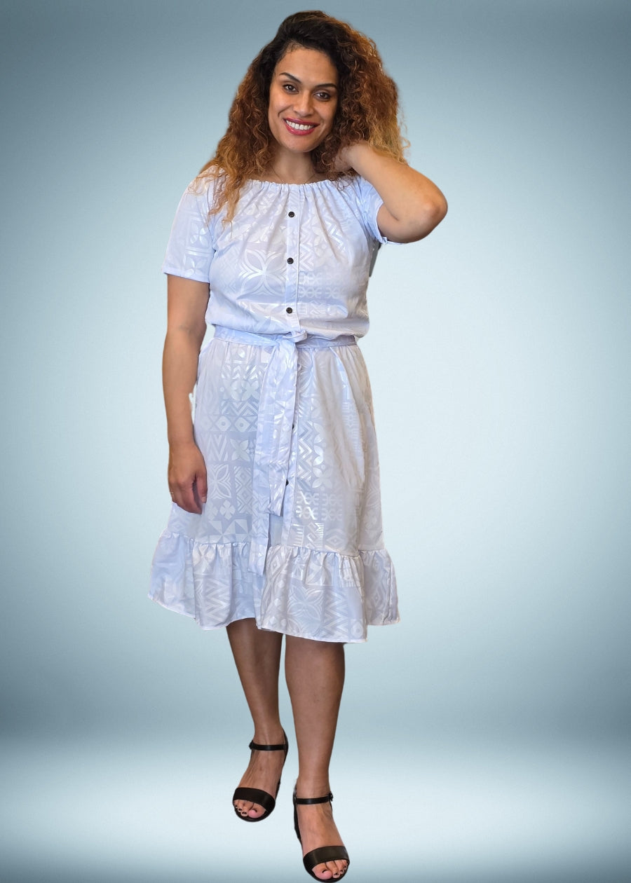 Women's White Ruffle Dress with Coconut Buttons