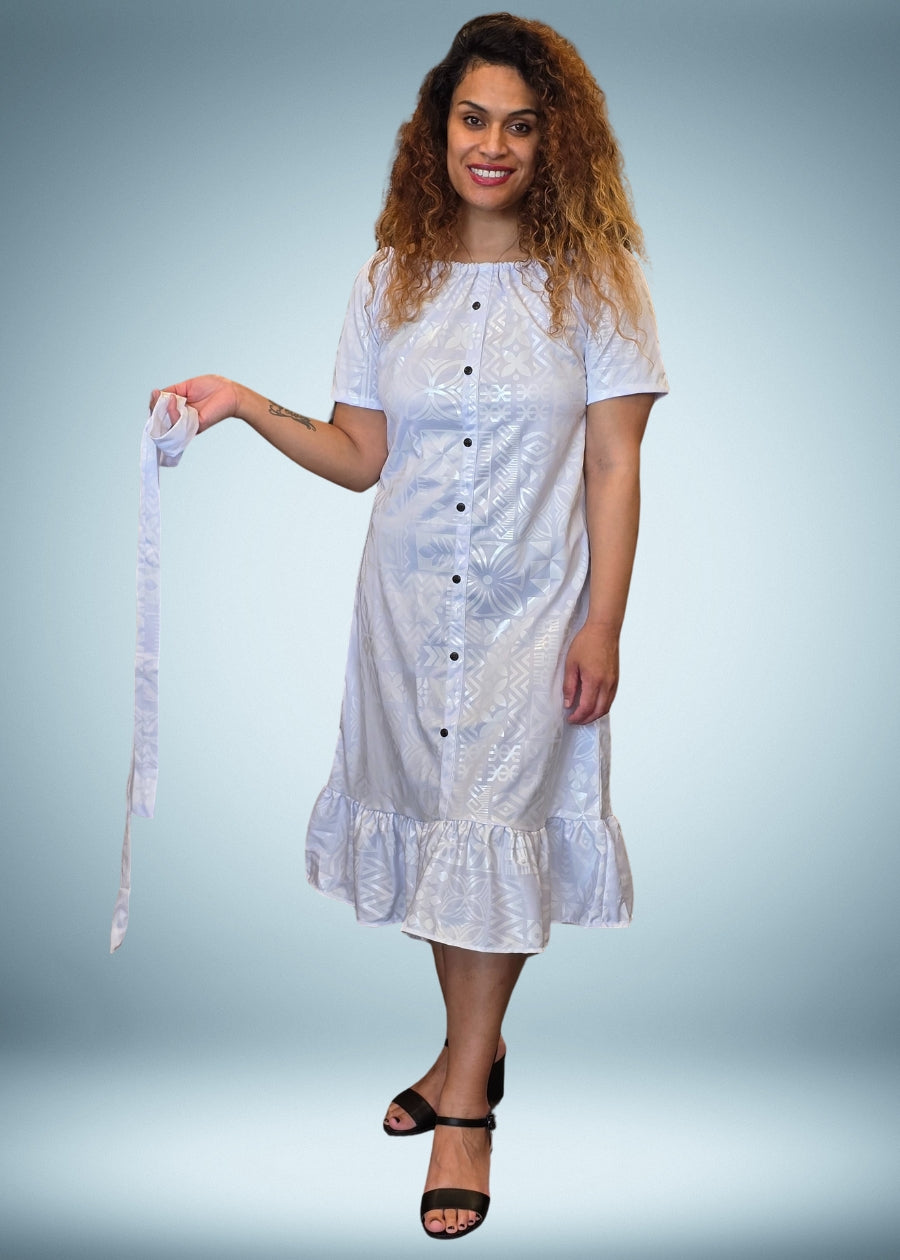 Women's White Ruffle Dress with Coconut Buttons
